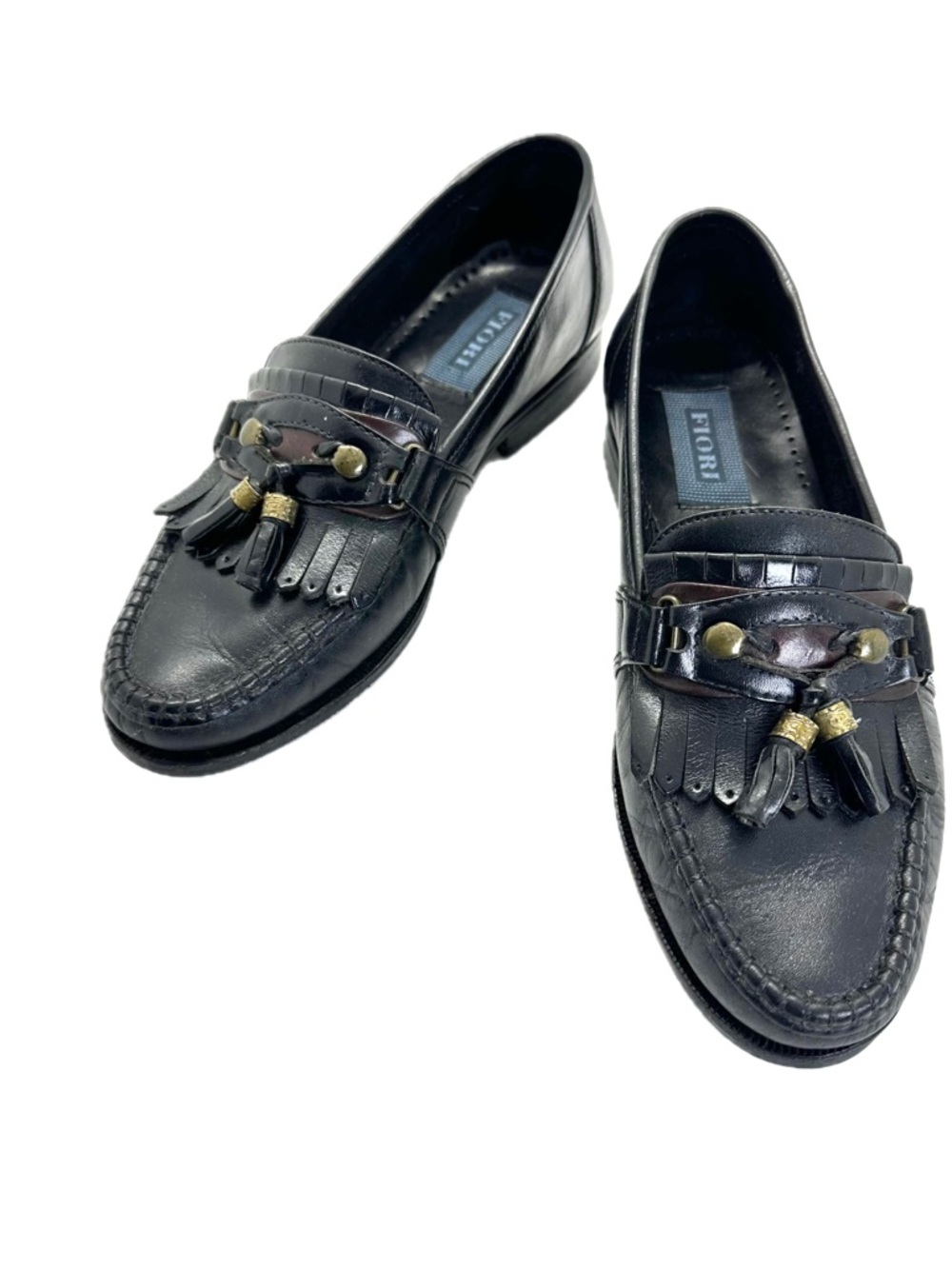 Vintage Fiori Handcrafted Brazil Leather Black Kiltie Loafers Fringes Size 7.5D